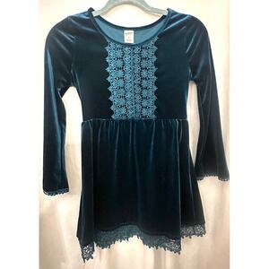 Y2K Velvet Lace Tunic Dress Girls 10 Teal Regencycore Romantic Cottagecore Fairy